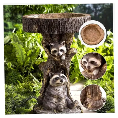 Produktbild von Vogelbad Bowl aus Harz, Waschbär Gartenornament, künstliche Garten Vogeltrink- und Futterdekoration, stehendes Tier