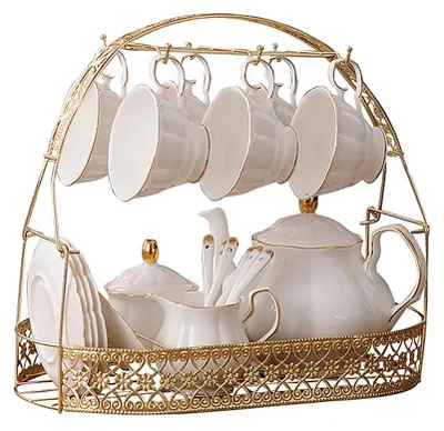 Image de Service à thé - Porcelaine - 15 pièces - Blanc et or - Pour 6 personnes