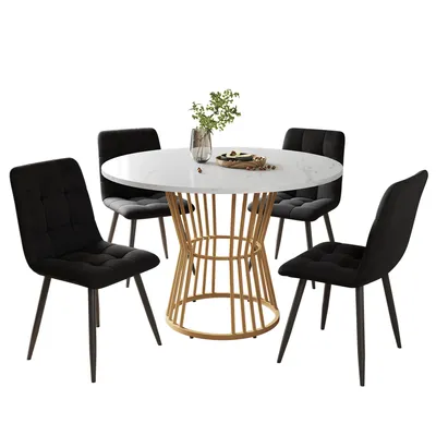 Produktbild von Flieks Essgruppe, Esstisch mit 4 Stühlen, Rundtisch 100x75 cm, Tisch für Esszimmer Wohnzimmer, Polsterstühle mit Sitzfläche aus Samt, schwarz