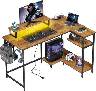 Obrázok produktu pre Rohový písací stôl v tvare L, rozmery 122 x 80 cm, herný stôl s RGB osvetlením, priestorovo úsporný počítačový stôl s držiakom na monitor, háčiky