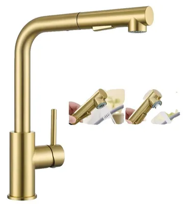 Productafbeelding van Uittrekbare keukenkraan, 360° draaibaar, met dubbele waterstroom, goudkleurig, aansluiting G3/8
