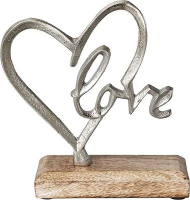 Produktbild von Aluminium-Herz "LOVE" auf Holzbase 16cm. Aluherz auf Holzsockel Silber