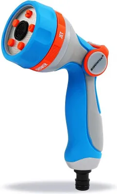 Immagine prodotto di Uniqoos® Doccia da giardino multifunzione leggera, in plastica, con 5 getti – impugnatura ergonomica antiscivolo con controllo a pollice, attacco universale a scatto rapido