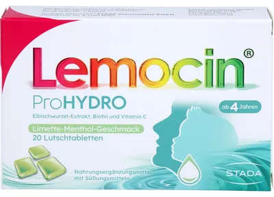 Image de Lemocin ProHydro pastilles à sucer au goût de citron vert et de menthol pour apaiser et hydrater la gorge et le pharynx, 20 pastilles
