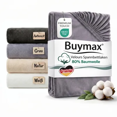 Produktbild von Buymax Premium Baumwoll Velours Spannbettlaken 140x200 cm–160×200 cm Grau, Cashmere Touch – 80% Baumwolle – Für Matratzen bis 25 cm Höhe