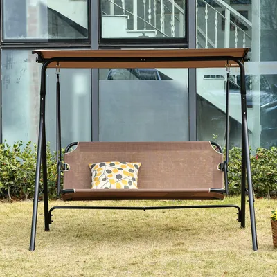 Produktbild von Hollywoodschaukel 2-Sitzer mit Sonnendach, Gartenschaukel Stahl pulverbeschichtet, Texteline, Braun | 172x110x155 cm | bis 200 kg | UV-Schutz