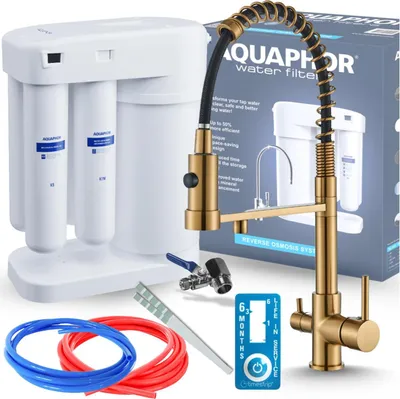 Obrázek produktu pro 3cestná kuchyňská baterie Aquaphor Morion s filtrem na vodu, výsuvnou sprškou, otočná, broušené zlato