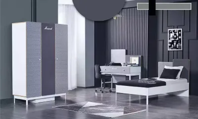 Productafbeelding van Kinderkamer, slaapkamer, bed, tienerkamer, grijs, tafel, kast, hout, meubels, 3-delig.