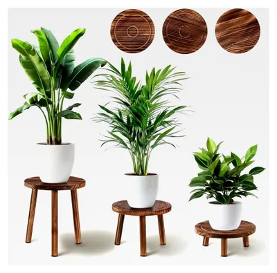 Produktbild von Blumenhocker Holz 3er-Set, 4"/7"/11" Höhe Pflanzenständer für verschiedene Topfgrößen, moderner Hocker für Balkon, Garten, Wohnzimmer und Büro