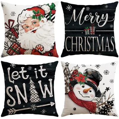 Produktbild von Weihnachten Kissenbezüge 4er Set 40x40 cm Weihnachtsmann Schneemann Schwarz Polyester-Leinen