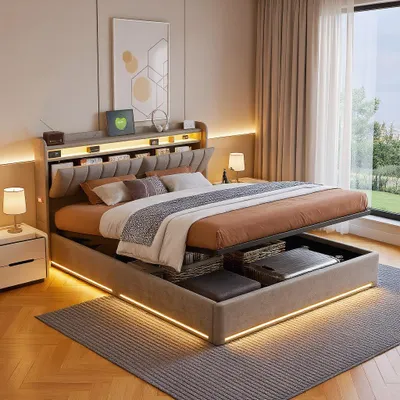 Produktbild von INONEFT Boxspringbett 160x200cm mit Stauraum, Hydraulisches Polsterbett mit LED-Beleuchtung und USB, Doppelbett mit Holzlattenrost und Samt, Grau
