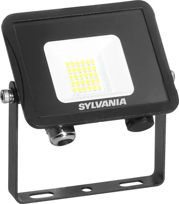 A black LED floodlight with a white light panel and yellow LEDs, mounted on a black metal bracket.
