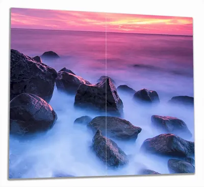 Produktbild von Wallario Herdabdeckplatte aus Glas, Größe 60 x 52 cm 2-teilig, Motiv Felsen im Meer bei Sonnenuntergang