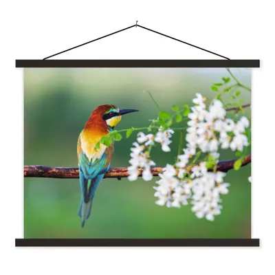 Produktbild von MuchoWow® Textilposter Vogel - Bienenfresser - Blumen 120x90 cm mit schwarzem Rahmen - Aufhänger für Poster