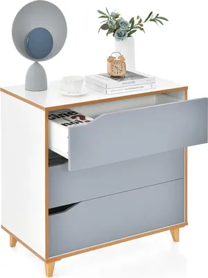 Produktbild von KOMFOTTEU Kommode mit 3 Schubladen, Nachtkommode mit Gummiholzbeinen, Aufbewahrungsschrank mit Kippschalen, Beistellschrank, 75 x 42 x 75 cm (Grau)