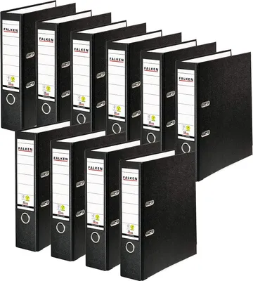 Produktbild von Original Falken 10er Pack PP-Color Kunststoff-Ordner. Germany. 8 cm breit DIN A4 schwarz Vegan Ringordner Aktenordner Briefordner Büroordner Plastikordner Schlitzordner