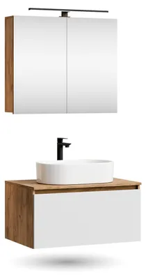 Produktbild von ARISA Badmöbel Set in Weiß - Mit Spiegelschrank "ARIA" und weißem Keramik-Aufsatzwaschbecken 55 cm