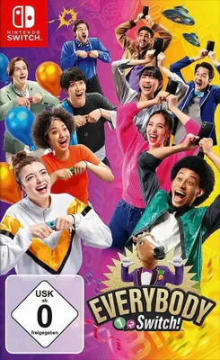 A group of diverse people are shown playing a video game, with balloons and confetti in the background.