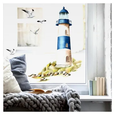 Produktbild von Wiederverwendbares Fensterbild mit blauem Leuchtturm A4 Bogen, Fensteraufkleber maritim blau Ostsee Nordsee Meer Urlaub Fensterdeko Küche Fenstersticker Möwen Warnemünde