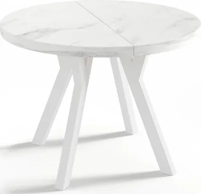 Obrázok produktu pre Dizajnový okrúhly rozkladací jedálenský stôl - loftový štýl, industriálny, úsporný - biele nohy - 100-150 cm - 6-8 miest na sedenie - mramor - 150 cm