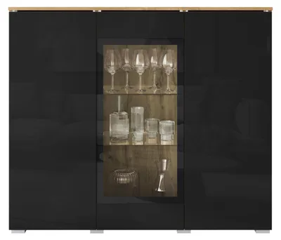 Produktbild von MIRJAN24 Türkommode Vera 120, Stilvoll Wohnzimmer, Kommode mit drei Drehtüren (Farbe: Wotan Eiche / Schwarz Hochglanz, ohne Beleuchtung)