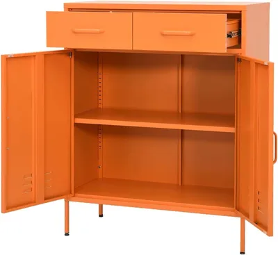 Productafbeelding van Bijzetkast met deuren - Opbergkast lades - Ruimte organiseren - Stalen constructie - 80x35x101.5 cm - Oranje