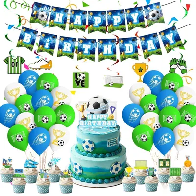 Immagine prodotto di Set di decorazioni per feste a tema calcio per ragazzi, con ghirlanda, palloncini e decorazioni per torte