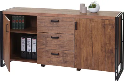 Produktbild von Kredens HWC-A27, komoda, szafka, struktura 3D 2 schowki 80x160x40cm MDF z certyfikatem MVG metal ~ wygląd dzikiego dębu