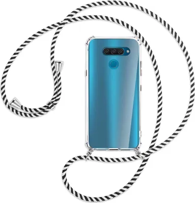 Produktbild von Handykette Backcover-Schutzhülle mit Band (Metall silberfarben) für LG Q60 - schwarz/weiß gestreift