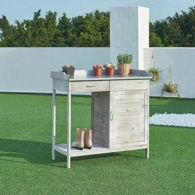 Produktbild von Famanu Pflanztisch mit Stahlarbeitsplatte und Stauraum - 98x48x94 cm