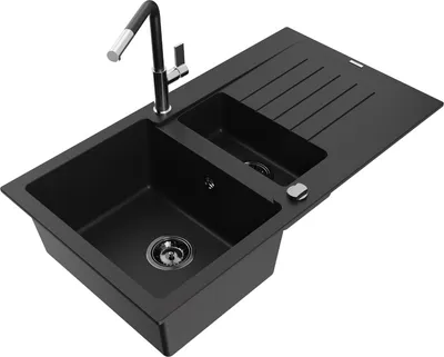 Produktbild von Mexen Matias 1,5-Becken-Granitspüle mit Abtropffläche und Mischbatterie Flora, Schwarz - 6502-77-670401-07-B