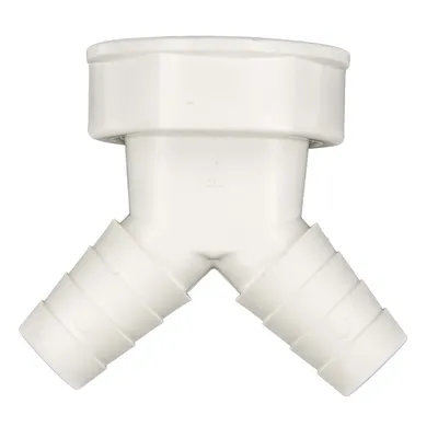 A white Y-shaped pipe fitting with two hose barb connections and one threaded connection.