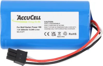 Produktbild von AccuCell Li-Ion Nachbau Akku für Wolf Garten Power 100, Rasentrimmer & Akku-Rasenschere, 7,4 V, 2600 mAh, 19,2 Wh, blau, 68,3 x 36,8 x 20,1 mm, Modell 7086-918, mit Markenzellen