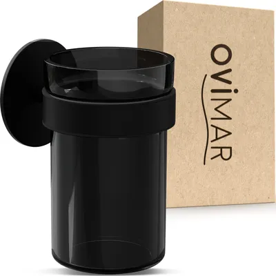 Produktbild von ovimar Zahnputzbecher Engeloya | schwarz | ohne Bohren | aus Glas und Edelstahl für das Bad | mit herausnehmbaren Becher und Zahnputzbecherhalter