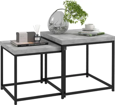 Produktbild von HOMCOM 2er-Set Satztische, quadratische Couchtische, Wohnzimmertische, Stahlgestell und graue Holzplatte