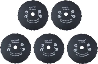 Five black circular saw blades arranged in a staggered pattern on a white background.