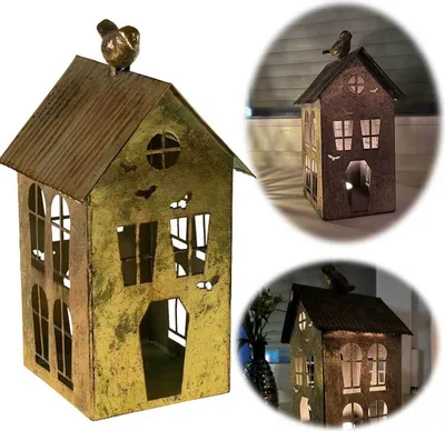 Produktbild von LS-LebenStil Teelichthaus Lichterhaus 23cm Gold Metall Teelichthaus Fachwerkhaus Teelichthalter Windlicht Kerzenständer Wohnzimmer, Fensterbank