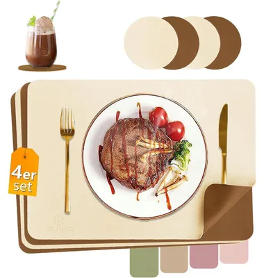 Produktbild von Tischsets Abwaschbar Lederoptik Hitzebeständig 4er Set Beige+Braun 43x30cm inkl. 2 Untersetzer