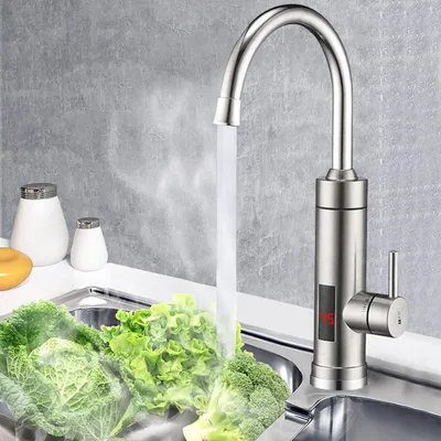 Produktbild von Küchenarmatur, 3000W Elektrischer Wasserhahn mit Durchlauferhitzer, 360° drehbarer Küche Wasserhahn mit Temperaturanzeige, Edelstahl, Silber