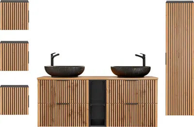 Produktbild von Doppelwaschtisch und Hängesäule 140.6cm Gaia mit 4 Schubladen, Eichenoptik und Schwarz