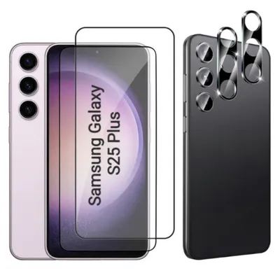 A product shot showing a phone screen protector and camera lens protectors for a Samsung Galaxy S25 Plus.