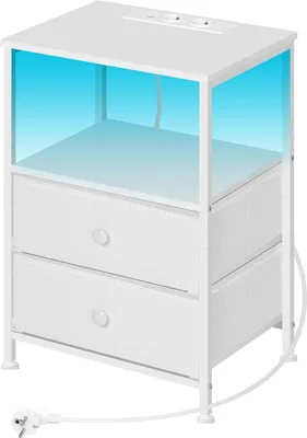 A white bedside table with two drawers and an open shelf illuminated by blue LED lights.