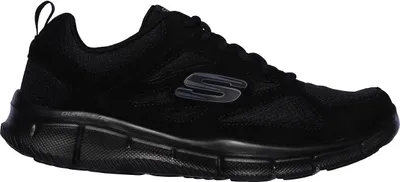 A side view of a black Skechers shoe against a white background.