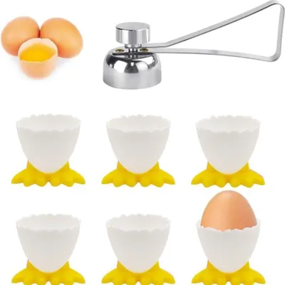 Produktbild von Set aus 7 Eierklötzen mit Eieröffner - Amüsante Eierklötzen für Frühstück - Hühnerbein-Design