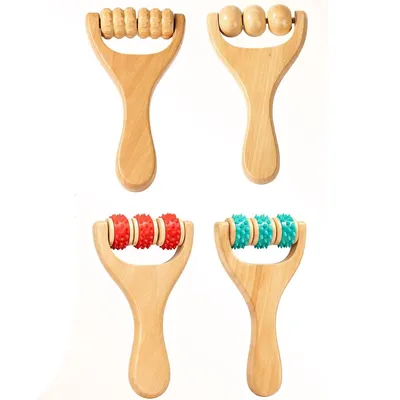Produktbild von Faszienrolle aus Holz mit Griff,4PCS Rückenmassage-Set,Faszienstab zur Muskelentspannung,Körper-Schabmassage,gebogener Hand-und Körpermassageroller