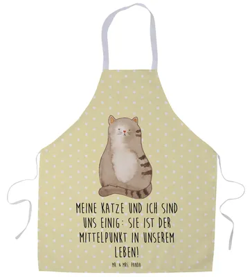 Produktbild von Mr. & Mrs. Panda Schürze Katze Sitzen - Gelb Pastell - Geschenk, Küchenzubehör, Kellnerschürze, Kochschürze, Herz, Küchenschürze, Katzen, Cats, Familie, Cat, Latzschürze