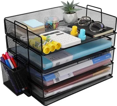 Produktbild von Schwarzes Metall-Regal mit 4 Etagen und Stifthalter für Büroorganisation