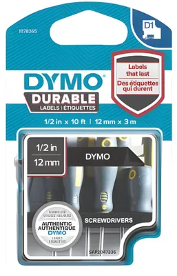 Zdjęcie produktu dla DYMO Oryginalne trwałe etykiety D1 | Czarny nadruk na czarnej taśmie | 12 mm x 3 m | Taśma etykietująca do etykieciarek LabelManager, Biały na czarnym, Czarny, Winyl, Belgia, -40 - 80 °C, DYMO