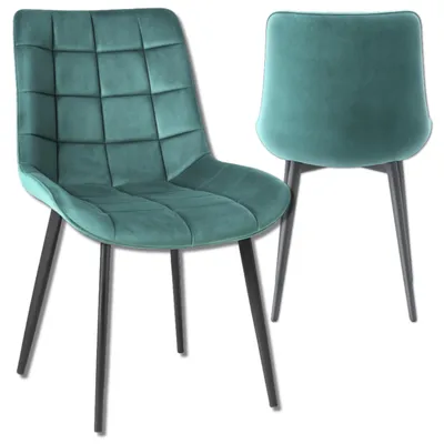 Two turquoise chairs with black legs are shown against a white background. One chair is shown from the front-left, and the other from the back.
