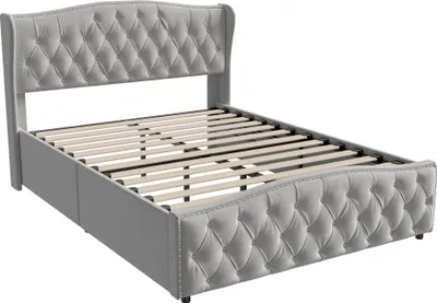 Produktbild von Doppelbett Polsterbett 140x200cm Boxspringbett Massivholzbett mit Lattenrost und Stauraum, Funktionsbett Stauraumbett Samt, Grau